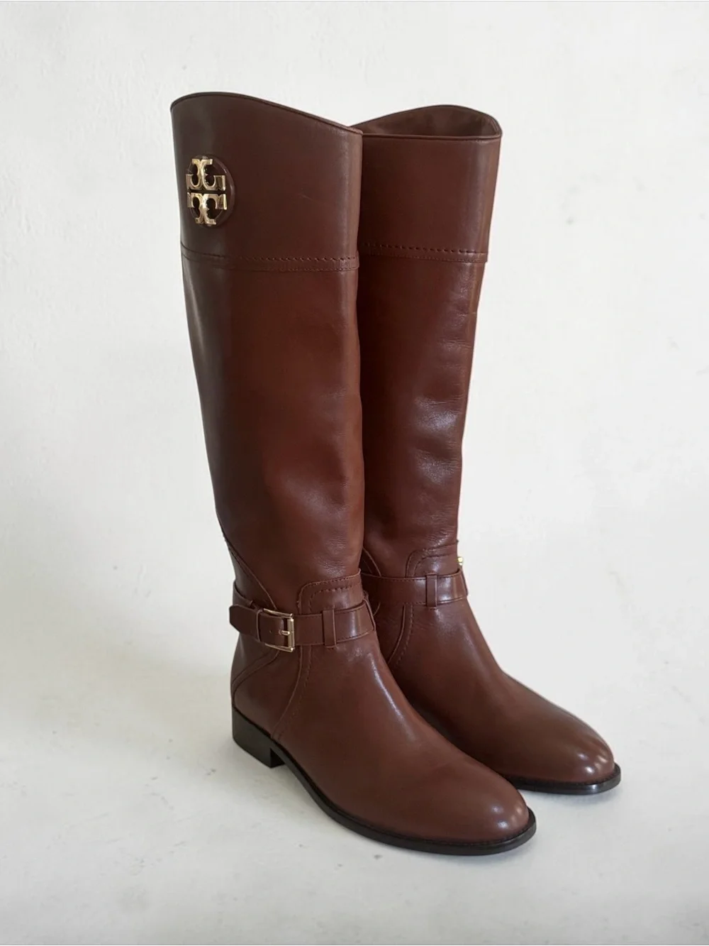 Tory Burch Chestnut Brown Leather Tall Riding Boots with Gold Logo Size 9.5